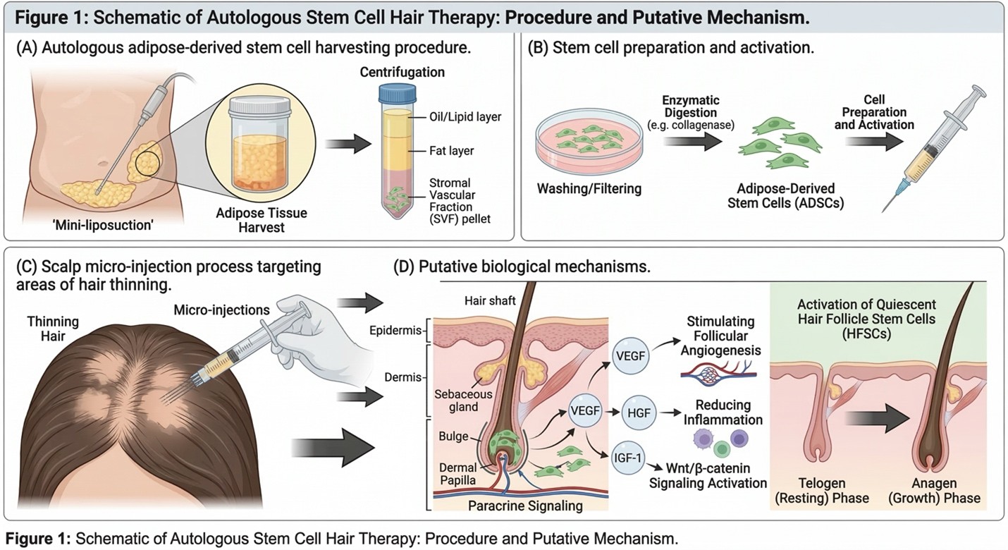 Figure 1: Schematic of Autologous Stem Cell Hair Therapy: Procedure and Putative Mechanism. (A) Autologous adipose-derived stem cell harvesting procedure involving mini-liposuction and centrifugation to isolate stromal vascular fraction (SVF). (B) Stem cell preparation and activation. (C) Scalp micro-injection process targeting areas of hair thinning. (D) Putative biological mechanisms: Stem cells secrete growth factors (e.g., VEGF, HGF, IGF-1), stimulating follicular angiogenesis, reducing inflammation, and activating quiescent hair follicle stem cells (HFSCs) to promote transition from telogen (resting) to anagen (growth) phase.