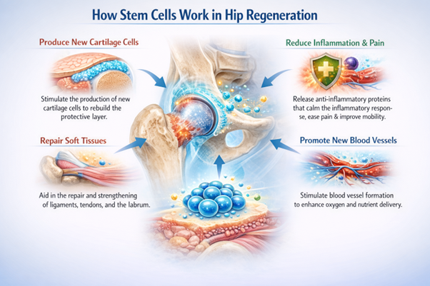 Figure A : Stem cells support hip regeneration by forming cartilage, reducing inflammation, repairing soft tissues, and stimulating blood vessel growth to enhance healing.