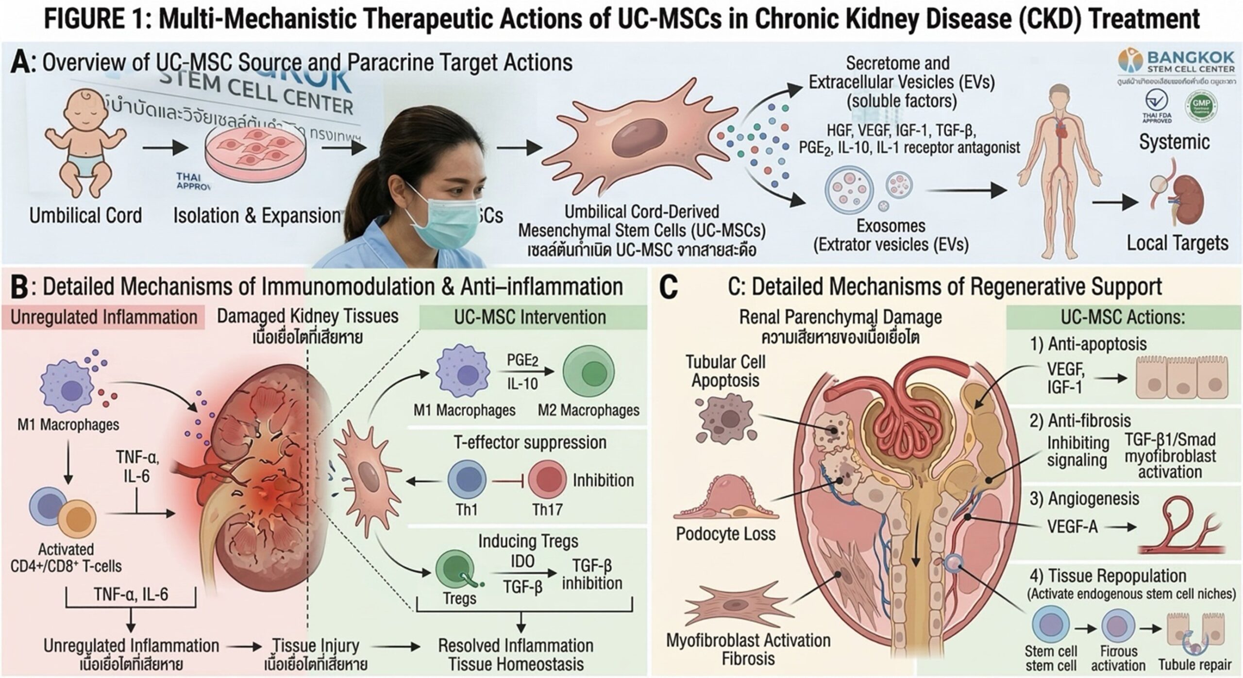Figure 1: Therapeutic mechanisms of UC-MSCs in Chronic Kidney Disease (CKD). (A) Paracrine Signaling:Secretion of growth factors and extracellular vesicles (EVs) for systemic and local targeting. (B) Immunomodulation:Suppression of M1 macrophages and T-effector cells, and induction of Tregs to resolve inflammation. (C) Renal Regeneration: Promotion of anti-apoptosis, anti-fibrosis, and angiogenesis to restore kidney function and tissue homeostasis.