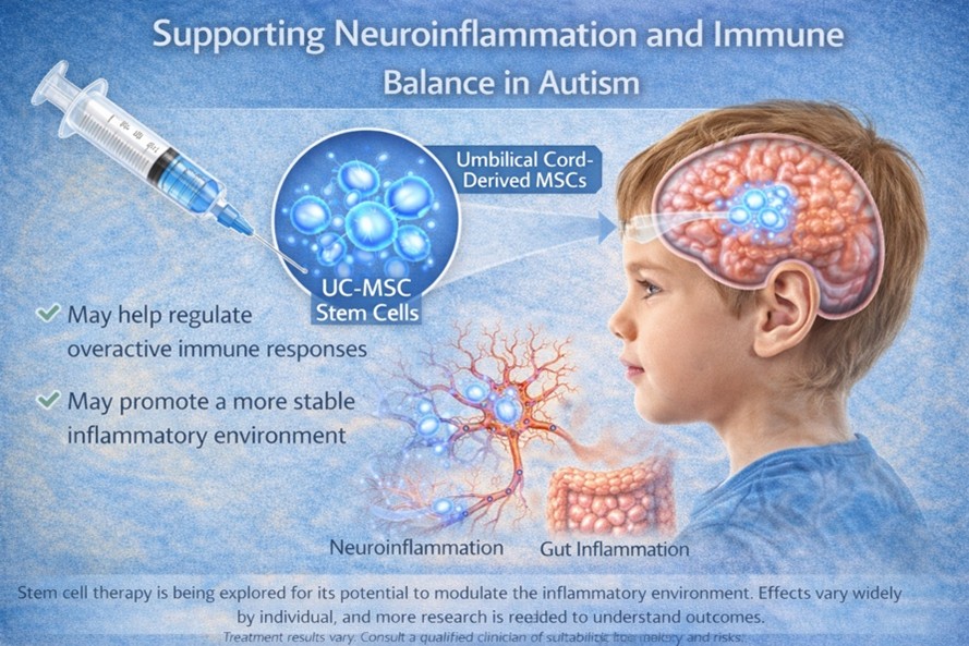 Figure 1: UC-MSC therapy is being explored for its potential to help modulate immune activity and support a calmer inflammatory environment in autism, including neuroinflammation and gut-related inflammation.