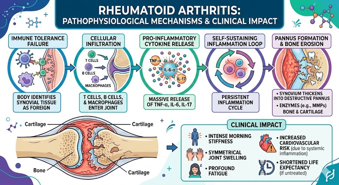 Figure 1: Pathophysiological Mechanisms and Clinical Impact of Rheumatoid Arthritis