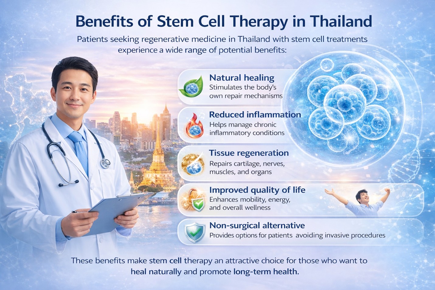 Figure 1: Potential Benefits of Stem Cell Therapy in Regenerative MedicineIllustration summarizing the potential therapeutic roles of stem cell therapy, including modulation of inflammation, stimulation of tissue repair, and support for improved functional recovery and quality of life.