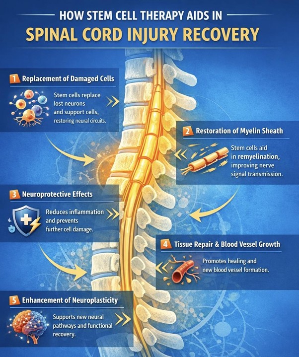 Figure A: Stem cell therapy aids spinal recovery by replacing cells, restoring myelin, protecting neurons, improving blood flow, and enhancing neural adaptability.