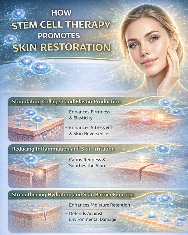 Figure A : Stem cell therapy supports skin recovery by boosting collagen and elastin, calming inflammation, aiding tissue repair, improving scars, and strengthening hydration.