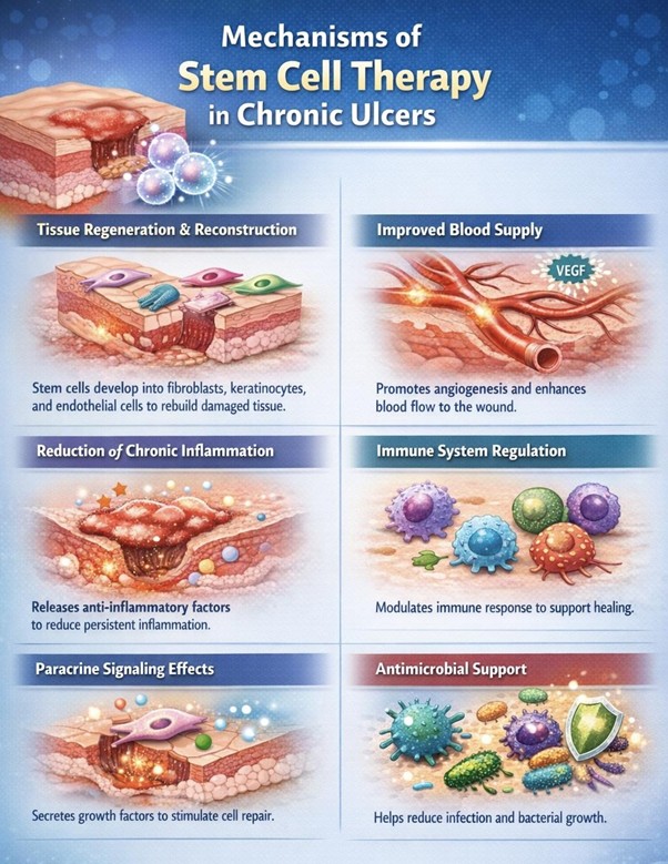 Figure A : Stem cell therapy supports chronic ulcer healing by promoting tissue regeneration, improving blood flow, reducing inflammation, regulating immune responses, enhancing cellular communication, and providing antimicrobial effects to accelerate recovery.