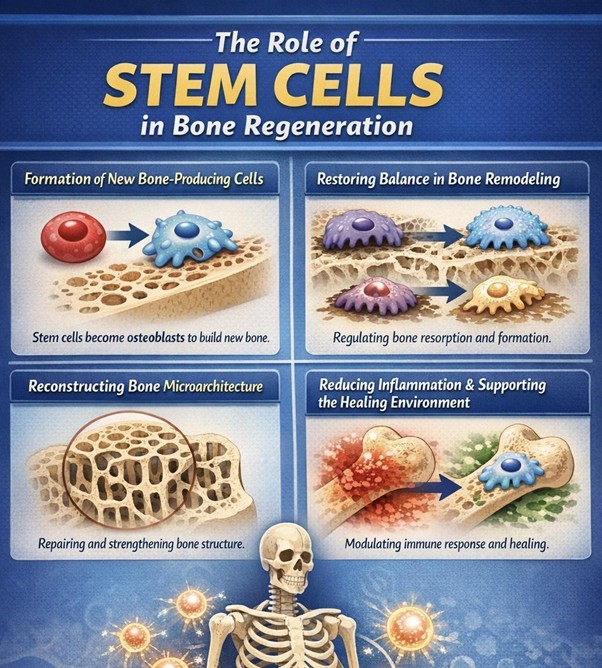 Figure A : Stem cells contribute to bone repair by generating bone-forming cells, maintaining remodeling balance, rebuilding internal bone structure, and decreasing inflammation to promote healing.
