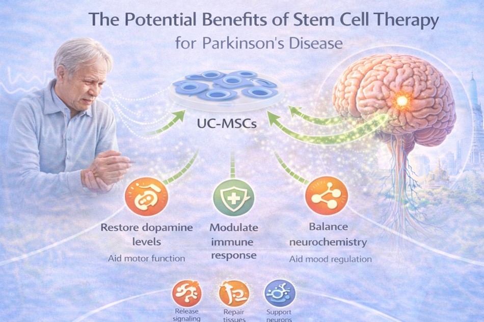 Figure 1: Mesenchymal stem cells are being studied for Parkinson’s disease due to their potential neuroprotective, anti-inflammatory, and regenerative properties that may support dopaminergic neuron function.