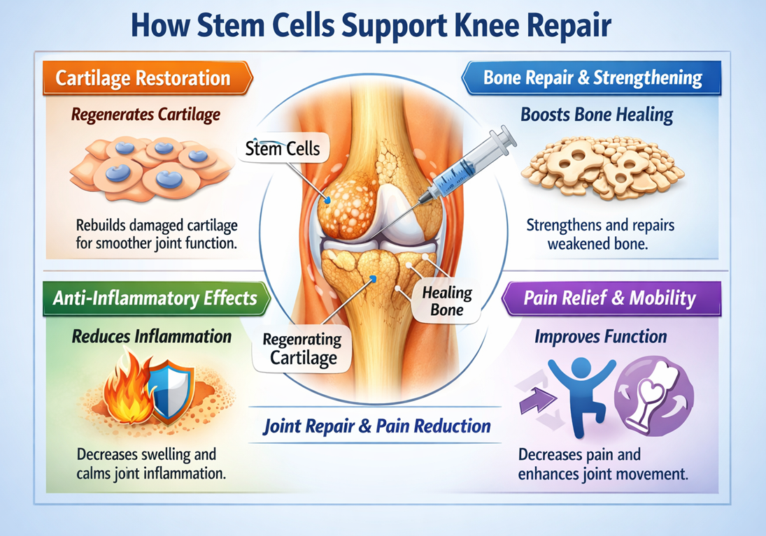 Figure A : Stem cells support knee repair by regenerating cartilage, strengthening bone, reducing inflammation, relieving pain, and improving mobility, helping restore joint function and enhance overall quality of life.
