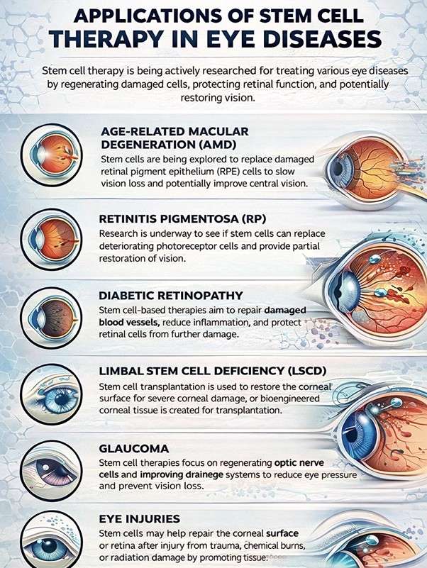 Figure A: Stem cell therapy shows promise in treating eye diseases by repairing retinal damage, restoring corneal surfaces, protecting vision, reducing inflammation, and supporting long-term regeneration in conditions like AMD, glaucoma, and injuries.