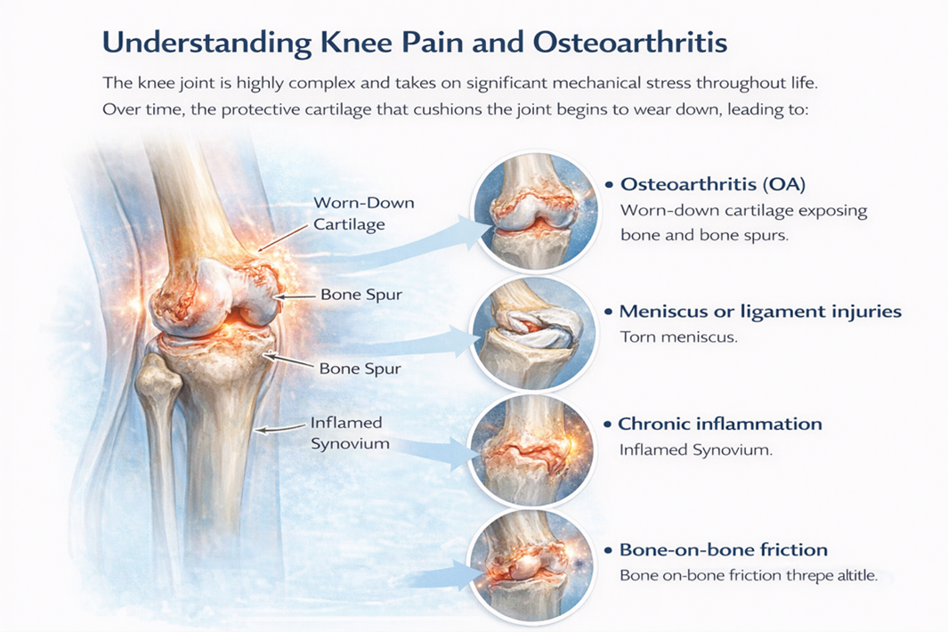 Figure A: Structural changes in the knee joint associated with osteoarthritis, including cartilage degeneration, chronic inflammation, and progressive bone-on-bone joint contact.