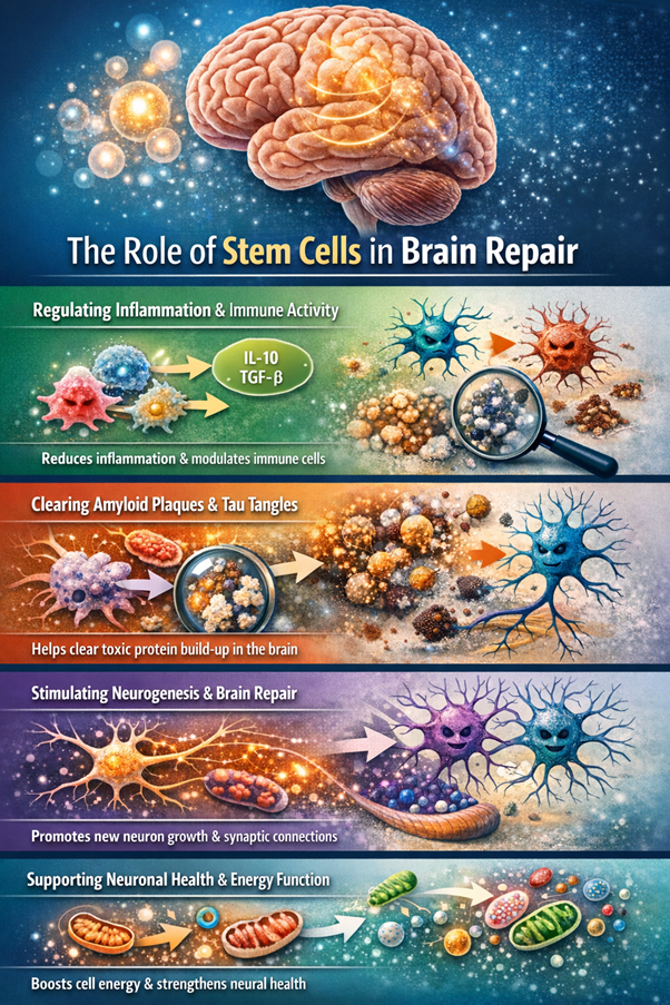 Figure A : Stem cells may aid brain repair by reducing inflammation, clearing toxic proteins, stimulating neuron growth, enhancing neural connections, supporting energy function, and protecting existing brain cells to improve cognitive function.