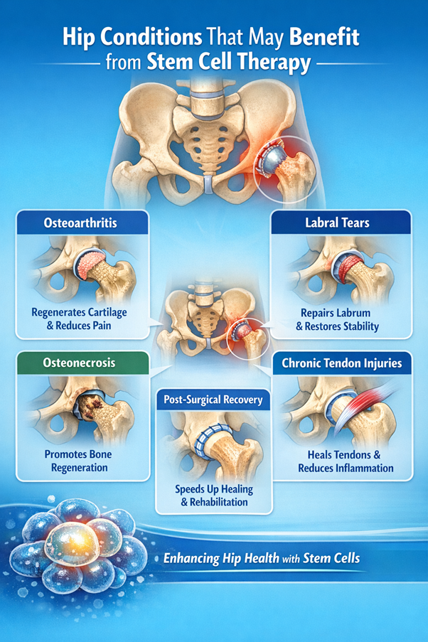 Figure A : Stem cell therapy may help hip conditions by regenerating cartilage, repairing labrum, supporting bone healing, reducing inflammation, and improving recovery after surgery.