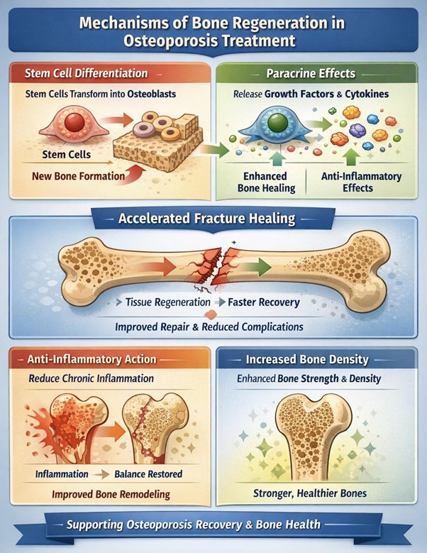 Figure A : Stem cell therapy supports bone regeneration by forming new bone cells, enhancing natural repair, accelerating fracture healing, releasing regenerative factors, and reducing inflammation, ultimately improving bone density and structural strength.