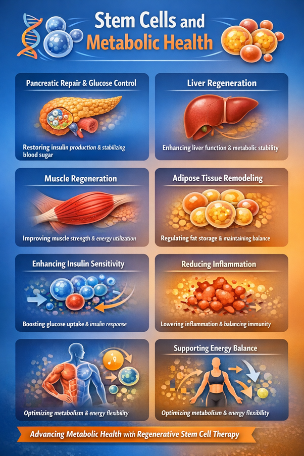 Figure A : Stem cell therapy may support metabolic health by improving insulin production, enhancing tissue repair, reducing inflammation, stabilizing glucose levels, promoting liver and muscle function, and helping regulate fat metabolism and energy balance.
