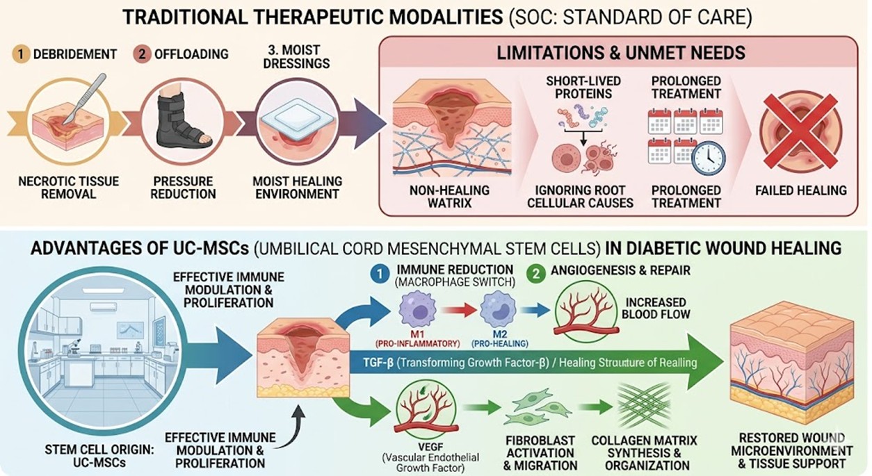Figure 2: Traditional therapeutic modalities and the advantages of UC-MSCs in Diabetic Wound