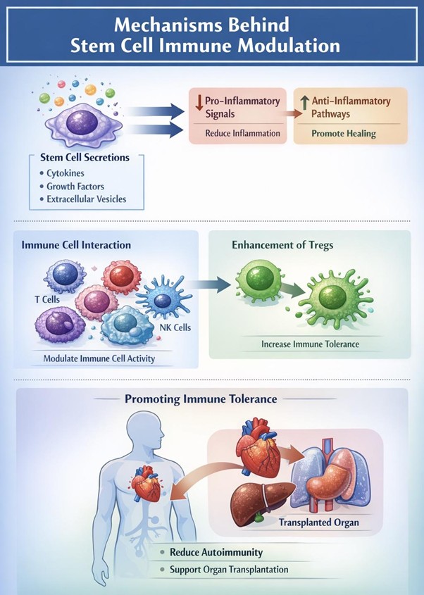 Figure A: Stem cells regulate immunity by secreting bioactive factors, modulating cells, boosting Tregs, reducing inflammation, and promoting tolerance for tissue protection.