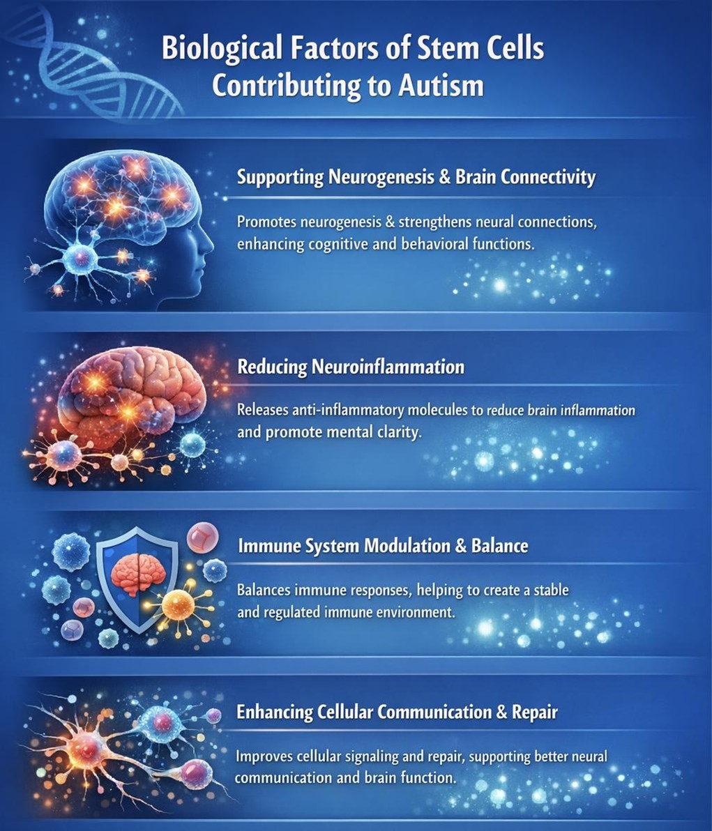 Figure A : Stem cells may support brain connectivity, reduce inflammation, regulate immune responses, enhance cellular communication, and improve cognitive and behavioral functions in autism.