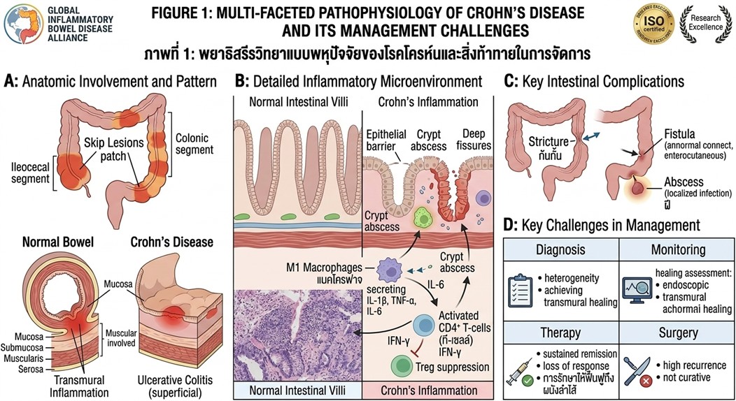 Figure 1: Pathophysiology and clinical challenges of Crohn’s Disease (CD). (A) Anatomic Patterns: Characterized by "skip lesions" and transmural inflammation involving all layers of the intestinal wall. (B) Inflammatory Microenvironment: Disruption of the epithelial barrier and activation of the pro-inflammatory cytokine cascade (TNF-, IL-6). (C) Structural Complications: Development of intestinal strictures, fistulas, and localized abscesses. (D) Management Hurdles: Challenges in achieving transmural healing and managing therapeutic loss of response over time.