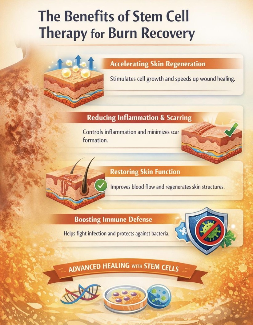 Figure A : Stem cells accelerate skin healing, reduce inflammation and scarring, restore skin function, enhance circulation, and strengthen immune defense to prevent infection.