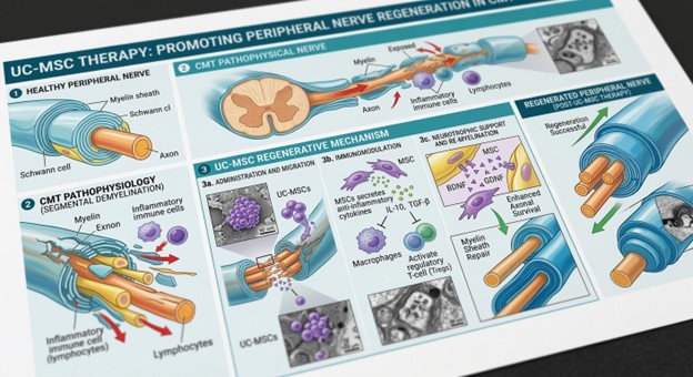 Figure A: Therapeutic Mechanisms of Umbilical Cord-Derived Mesenchymal Stem Cells (UC-MSCs) in Charcot-Marie-Tooth (CMT) Disease