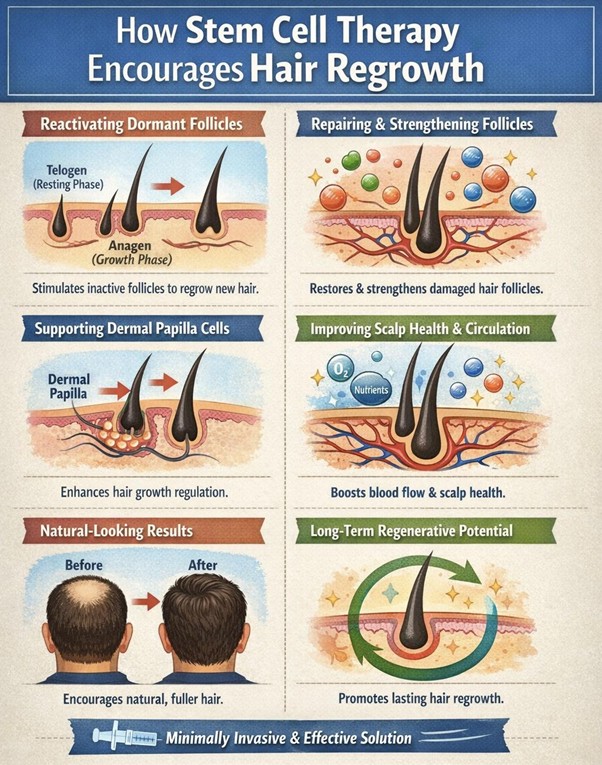 Figure A : Stem cell therapy may stimulate dormant follicles, repair damage, support hair-growth cells, improve scalp circulation, and promote thicker, natural hair growth.