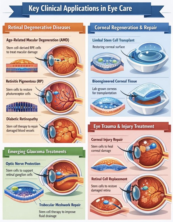 Figure A : Stem cell therapies may support eye repair by regenerating retinal cells, restoring corneal tissue, protecting optic nerves, and aiding recovery after injury.