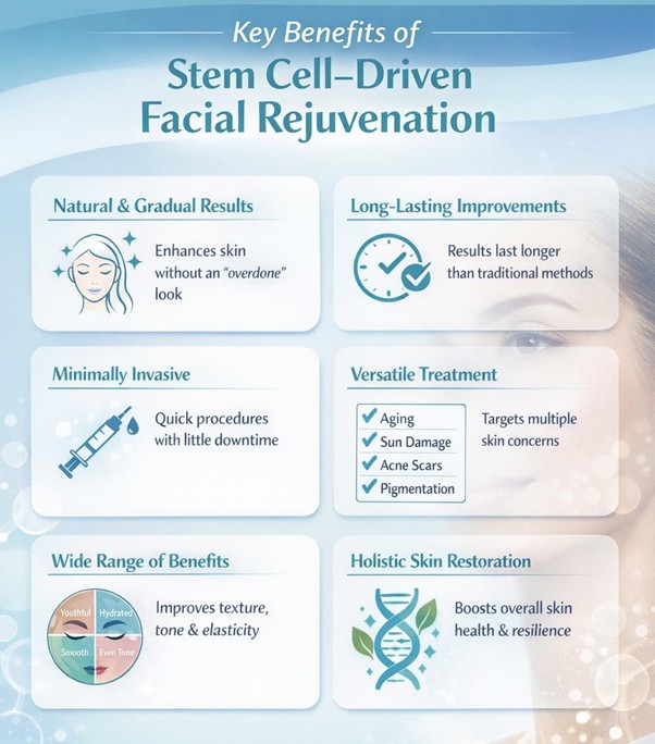 Figure A : Stem cell facial rejuvenation delivers natural, long-lasting results, improves skin quality, requires minimal downtime, and effectively treats multiple concerns while enhancing overall skin health.