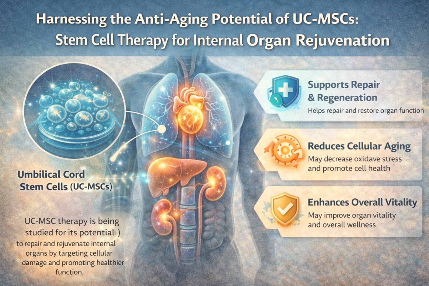 Figure 1: UC-MSCs may help support repair mechanisms, reduce cellular stress, and promote healthier internal organ function over time.
