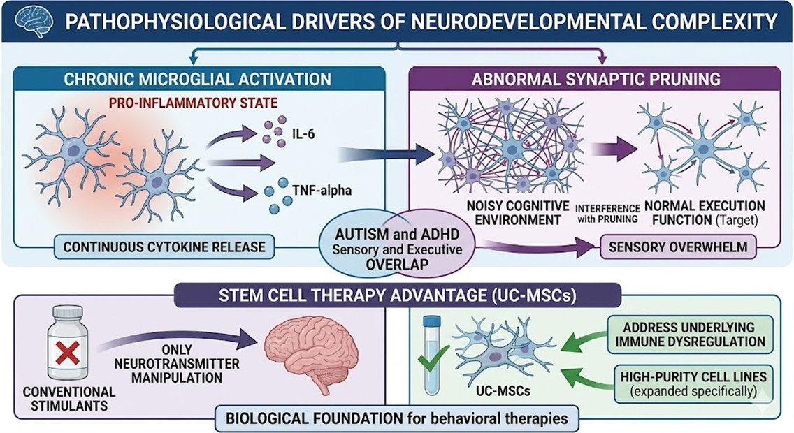 Figure 1: Pathophysiological Drivers of Neurodevelopmental Complexity in Autism and ADHD Overlap and UC-MSCs Therapy