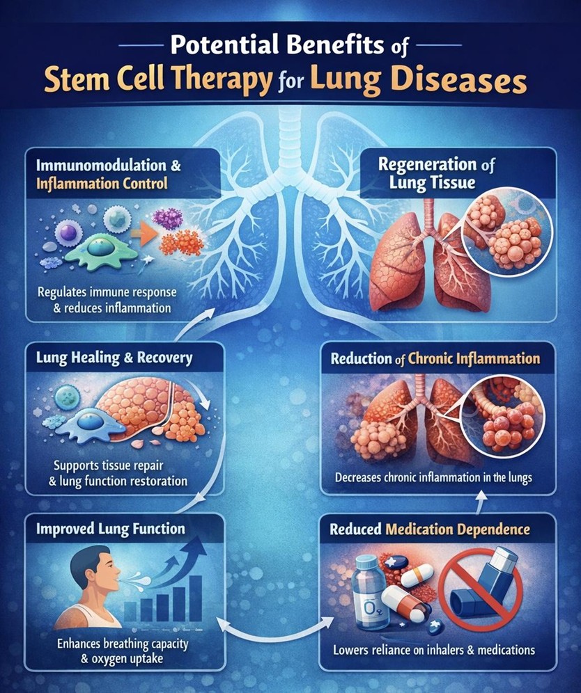 Figure A : Stem cell therapy supports lung repair by reducing inflammation, regenerating tissue, improving breathing function, and decreasing dependence on long-term medications.