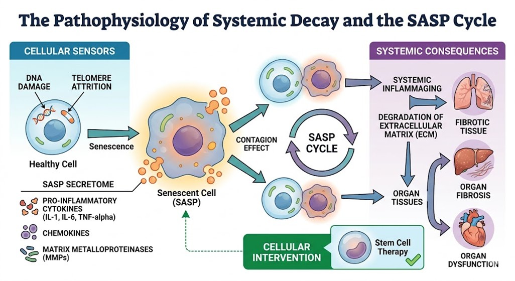Figure 1: The Pathophysiology of Systemic Decay and the SASP Cycle