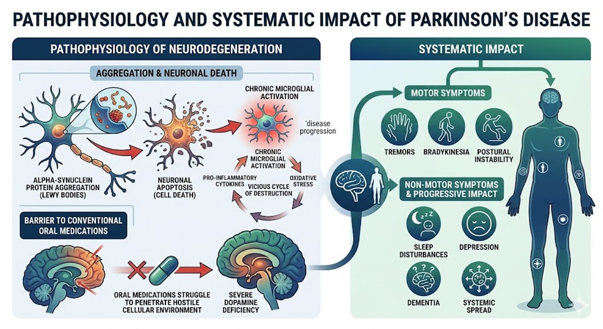 Figure 1: Pathophysiology and Systematic Impact of Parkinson’ Disease