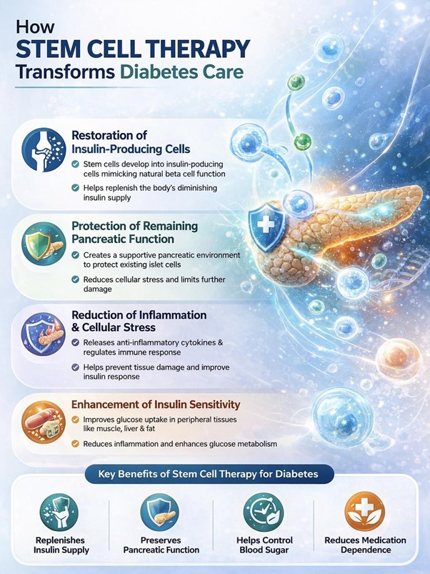 Figure A : Stem cell therapy may improve diabetes by restoring insulin production, protecting pancreatic cells, reducing inflammation, and enhancing insulin sensitivity for better glucose control.