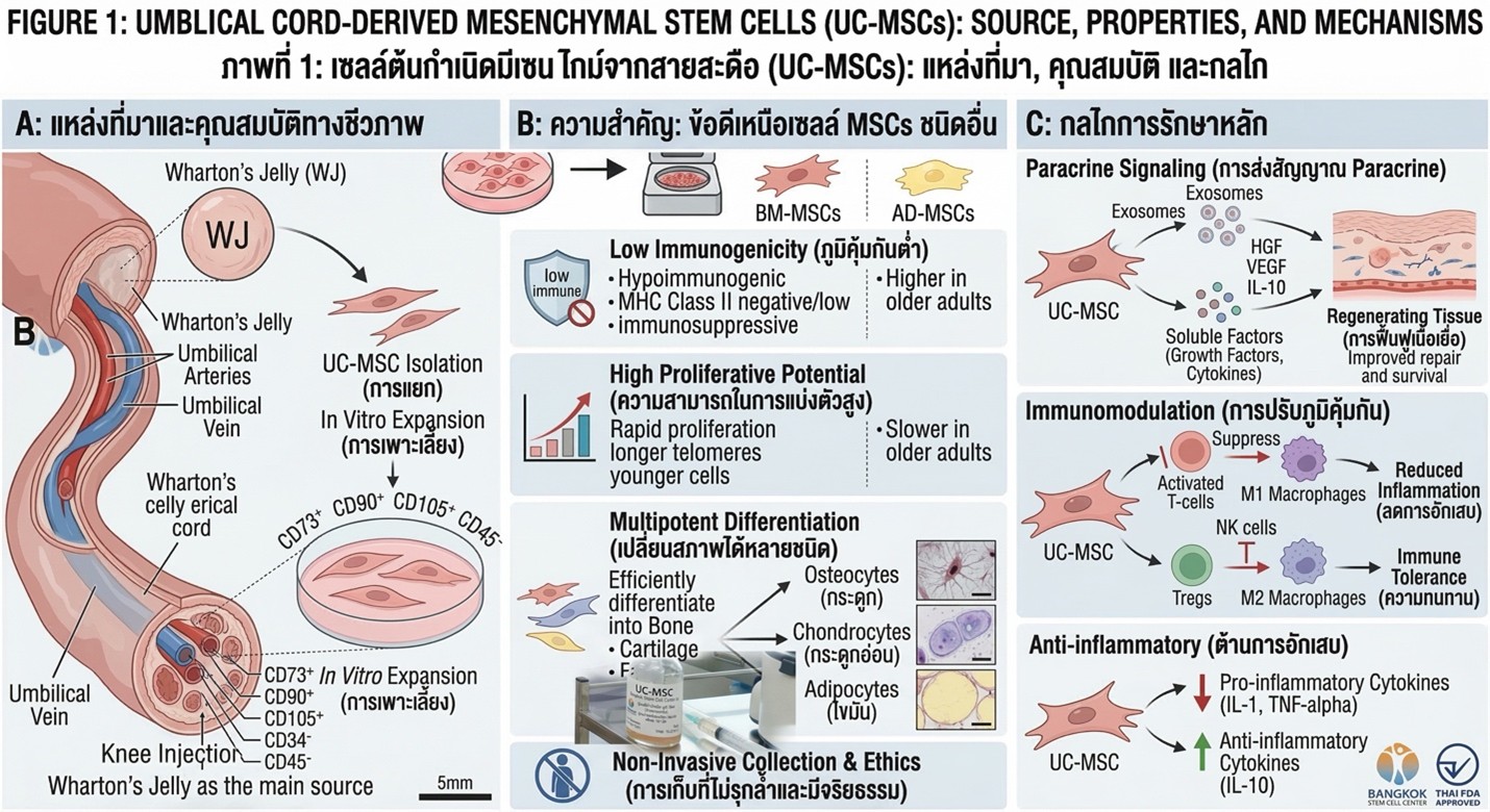 Figure 1: Biological characteristics and therapeutic mechanisms of UC-MSCs. (A) Source and Isolation: Extraction from Wharton’s Jelly (WJ) and phenotypic identification via specific surface markers. (B) Superior Biological Properties: Key advantages including high proliferative potential, low immunogenicity, and multipotent differentiation capacity. (C) Therapeutic Mechanisms: Orchestrated action through paracrine signaling (exosomes/growth factors), immunomodulation, and potent anti-inflammatory effects.