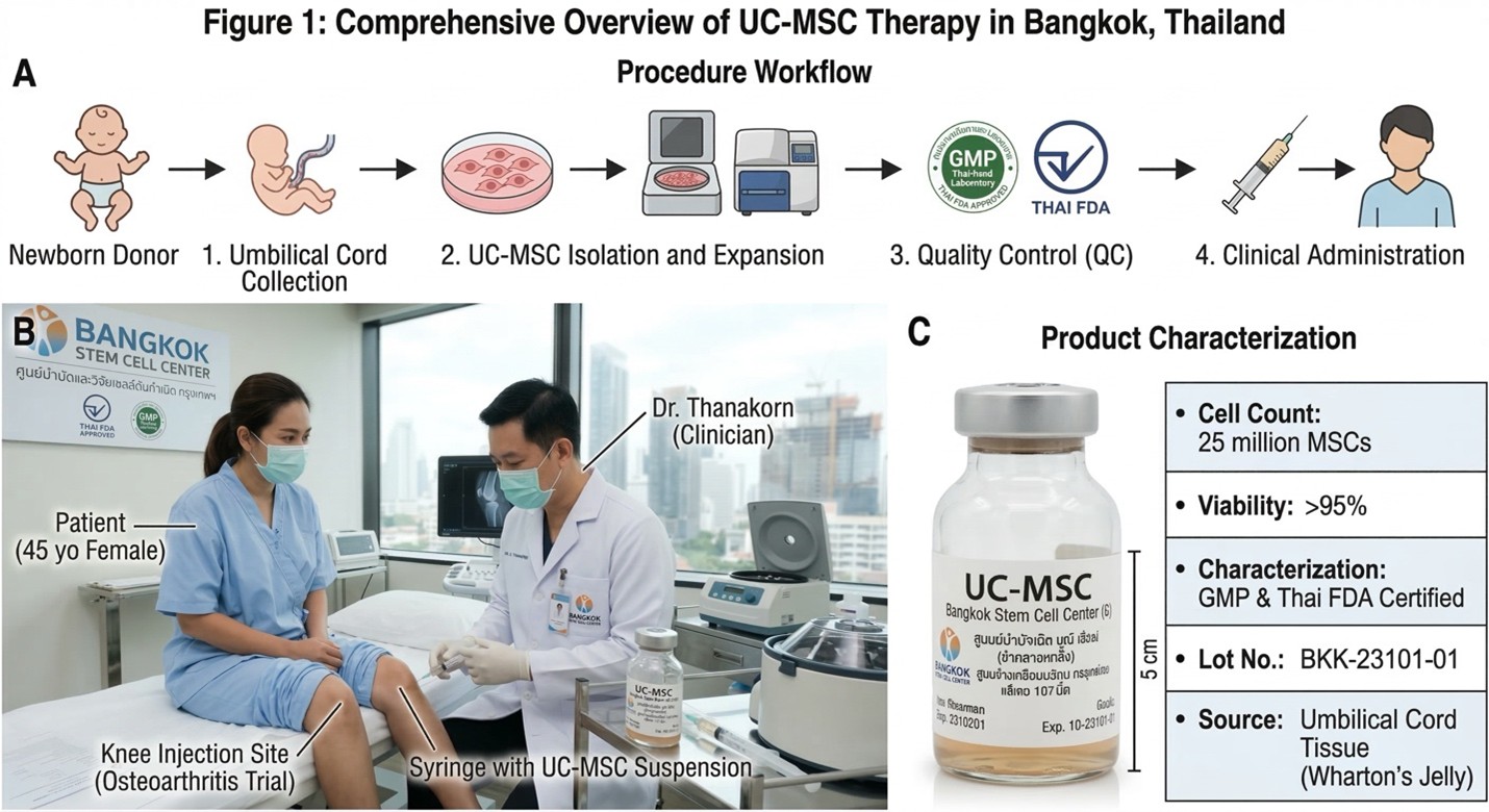 Figure 1: Comprehensive overview of umbilical cord-derived mesenchymal stem cell (UC-MSC) production and clinical application in Thailand. (A) Procedural workflow illustrating the transition from newborn donor tissue collection to UC-MSC isolation, expansion, and stringent quality control (QC) in compliance with Thai FDA and GMP standards. (B) Clinical administration of UC-MSCs via intra-articular injection for a patient with knee osteoarthritis in a certified medical facility in Bangkok. (C) Product characterization detailing the specifications of the UC-MSC suspension, including cell count (25 million cells), high viability (>95%), and regulatory certification.
