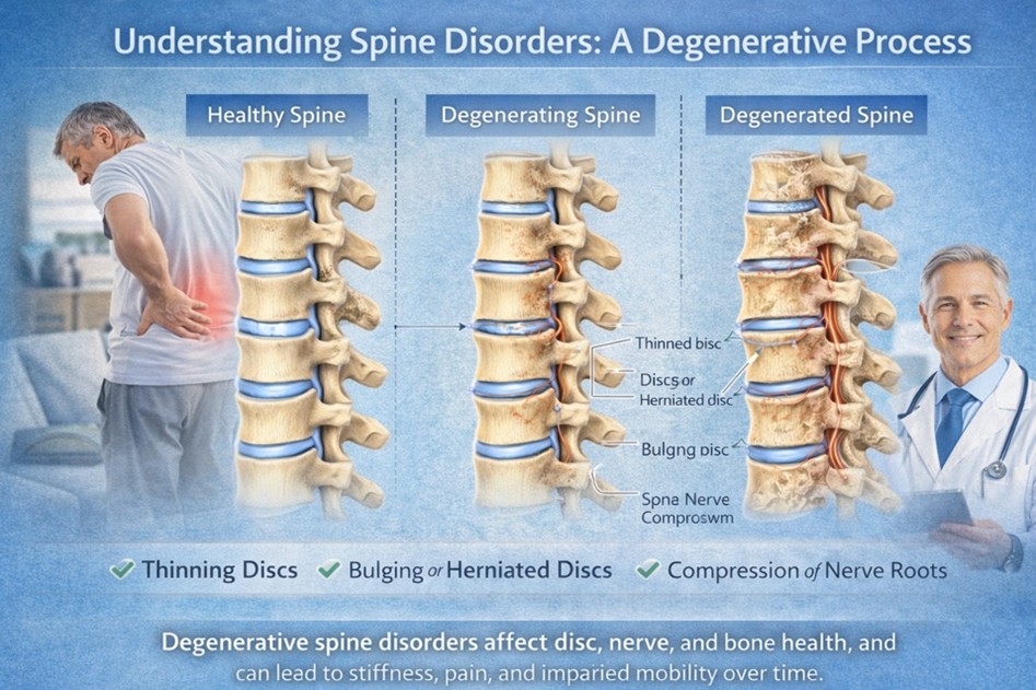 Figure 1: Spine disorders often develop gradually as discs and joints wear over time—potentially leading to stiffness, pain, and reduced mobility.