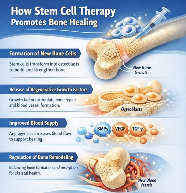 Figure A : Stem cell therapy promotes bone healing by forming new bone cells, releasing growth factors, improving blood supply, and balancing bone remodeling for strength.