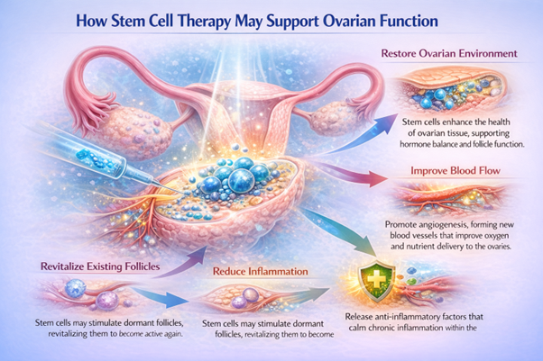 Figure A : Stem cell therapy may improve ovarian function by enhancing tissue health, increasing blood flow, reducing inflammation, and activating dormant follicles to support fertility.