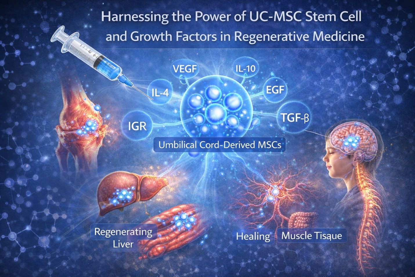  Figfure 1: UC-MSC therapies are studied for their regenerative signaling releasing growth factors and immune-modulating molecules that may support tissue repair and recovery in multiple organ systems.