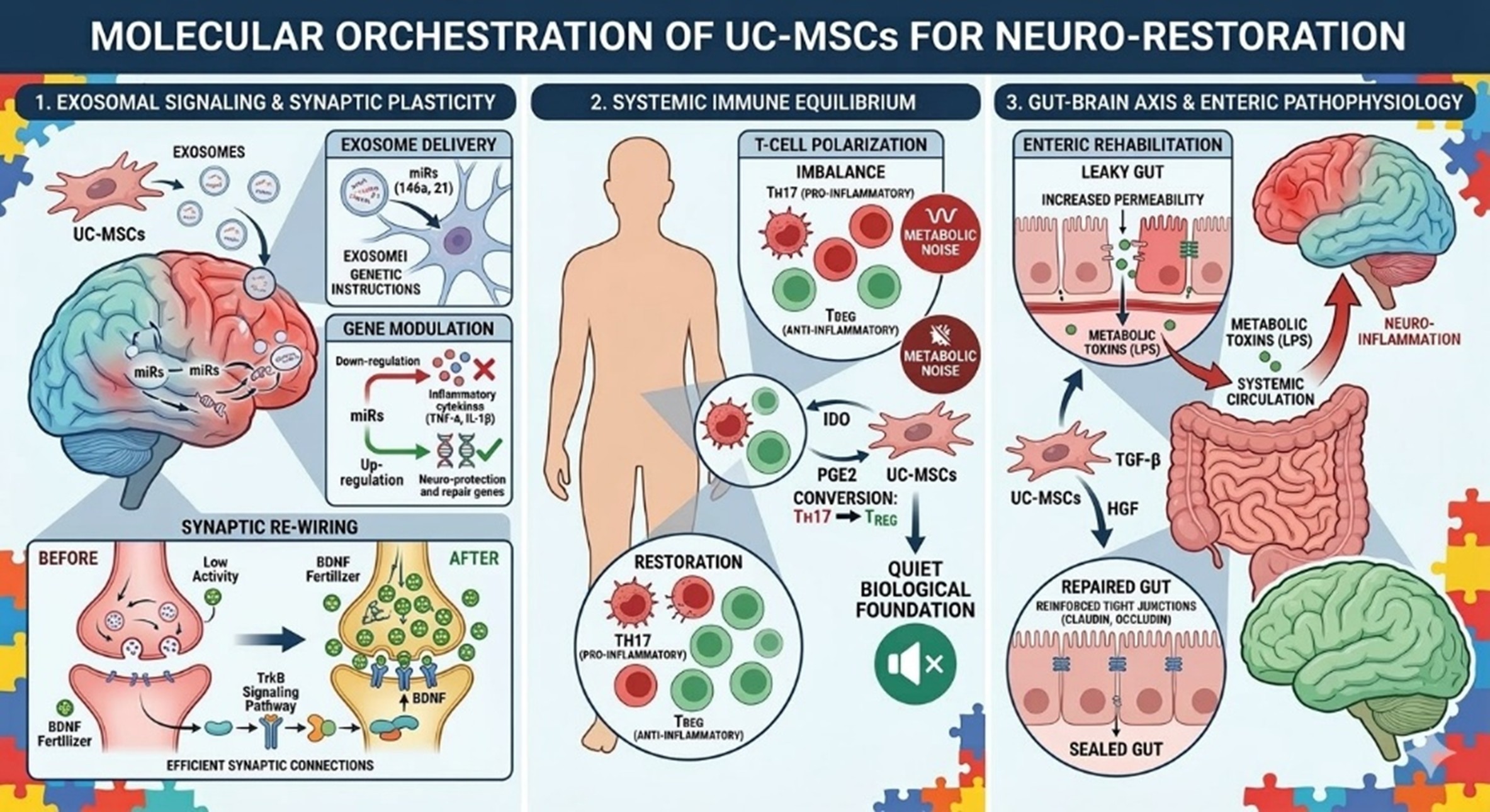 Figure 1: Therapeutic Pathways of UC-MSCs Advancing Neurodevelopmental Potential for Autism Awareness Colors
