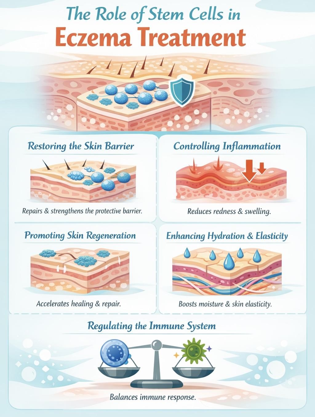 Figure A :  Stem cells may help treat eczema by repairing skin, reducing inflammation, enhancing hydration, supporting regeneration, and balancing immune responses for healthier skin.