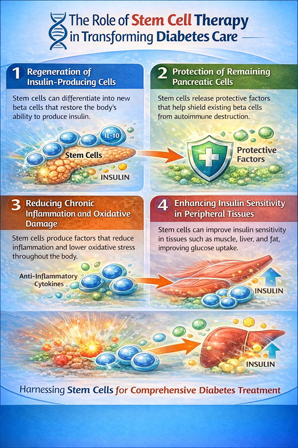 Figure A : In diabetes management, stem cells may restore insulin-producing cells, protect pancreatic function, reduce inflammation and oxidative stress, and improve insulin sensitivity.