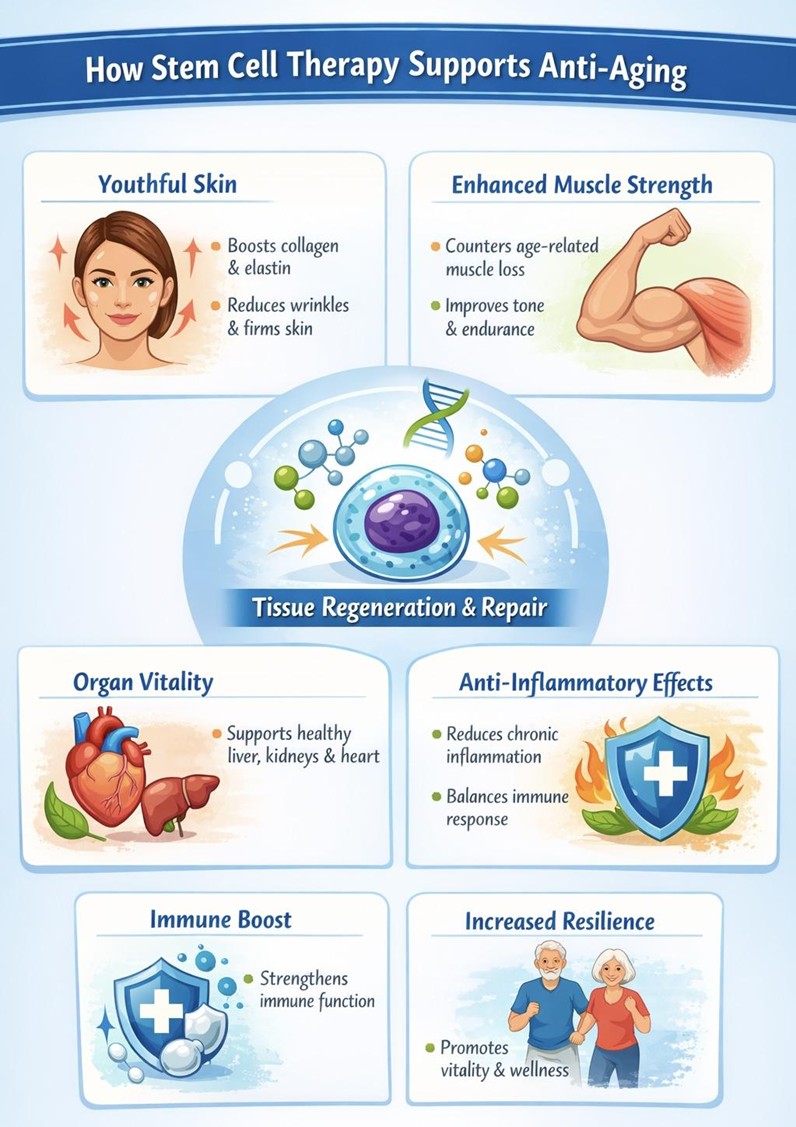 Figure A : Stem cell therapy supports anti-aging by promoting tissue repair, improving skin, muscle, and organ function, reducing inflammation, and enhancing immune balance, helping maintain overall health and resilience as the body ages.
