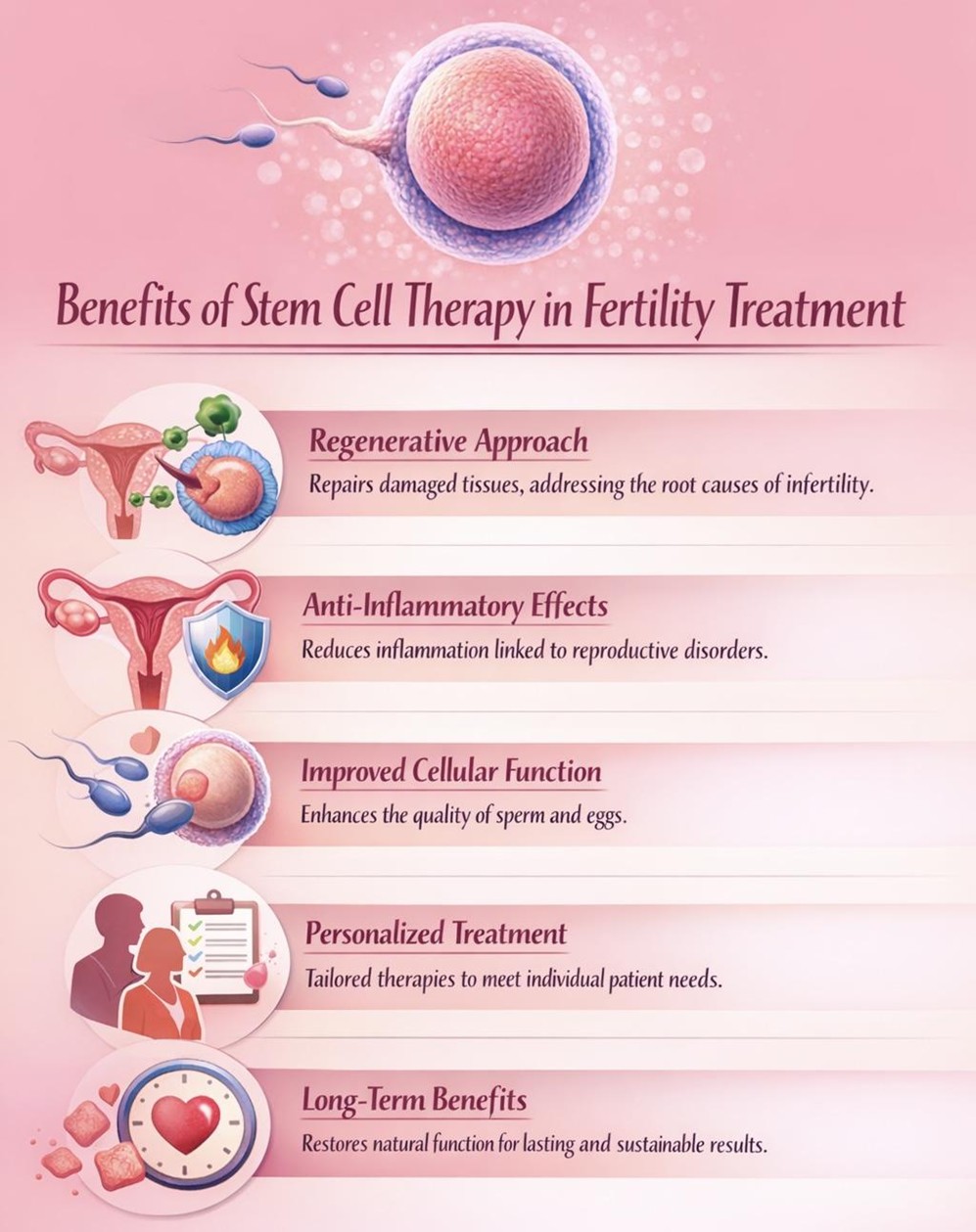 Figure A : Stem cell therapy may repair reproductive tissues, reduce inflammation, enhance cell quality, allow personalized care, and provide longer-lasting fertility improvements beyond temporary treatments.