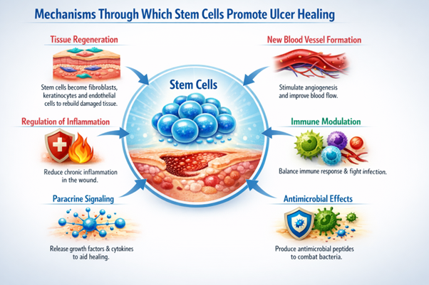 Figure A : Stem cells support ulcer healing by regenerating tissue, promoting blood vessel growth, controlling inflammation, regulating immune responses, releasing repair signals, and limiting bacteria.