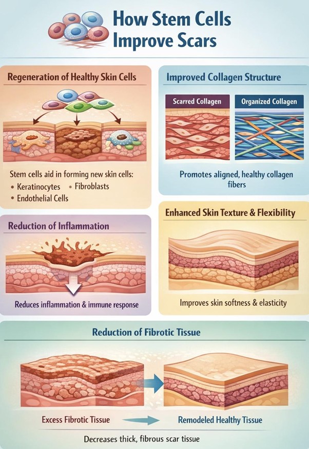 Figure A : Stem cells support scar improvement by regenerating skin cells, organizing collagen, reducing inflammation, enhancing skin flexibility, and regulating fibrotic tissue remodeling.