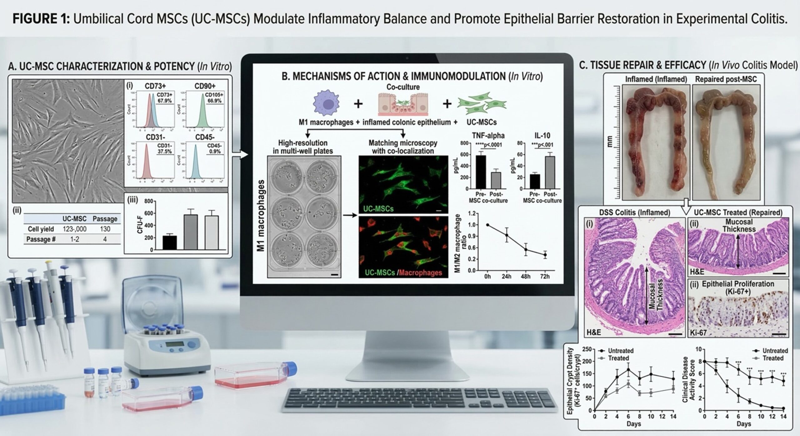 Figure 1: Therapeutic Efficacy and Mechanisms of UC-MSCs in Ulcerative Colitis. (A) In vitro characterization confirming high-potency MSC phenotypes (CD73+, CD90+) and viability. (B) Immunomodulatory mechanisms showing significant reduction in pro-inflammatory TNF-α and enhancement of anti-inflammatory IL-10 through macrophage modulation. (C) In vivo evidence of mucosal repair, showing restored colonic integrity, increased epithelial proliferation (Ki-67+), and a marked decrease in disease activity scores.