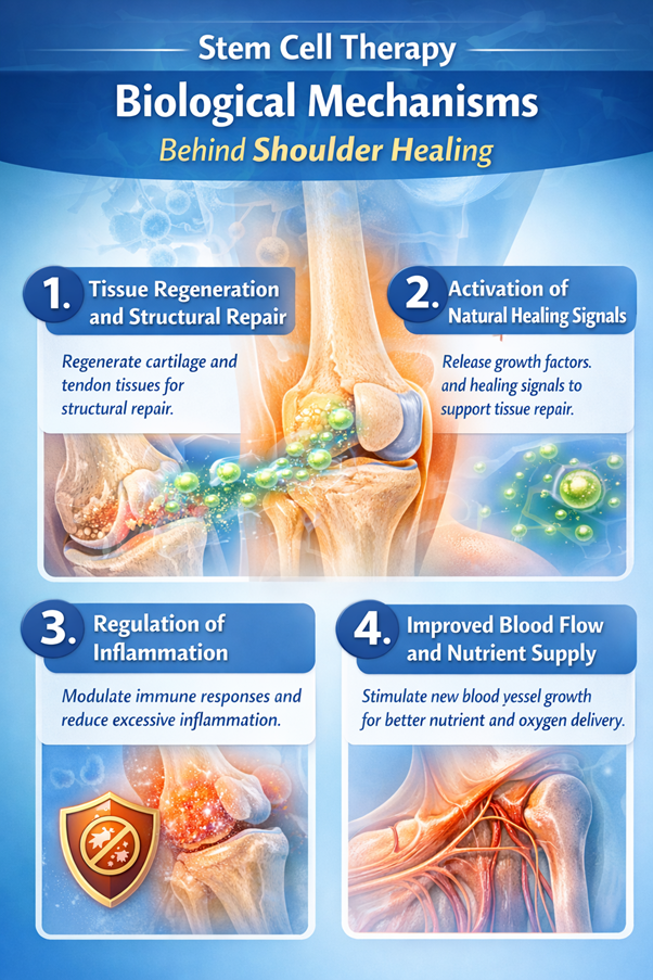 Figure A : Stem cell therapy supports shoulder healing by repairing tissues, activating natural recovery signals, controlling inflammation, and enhancing blood circulation for better healing.