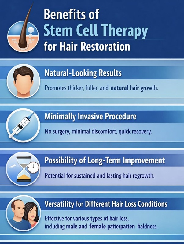 Figure A : Stem cell therapy for hair restoration may provide natural-looking hair growth, involves a minimally invasive approach, supports lasting improvement, and treats various hair loss conditions.