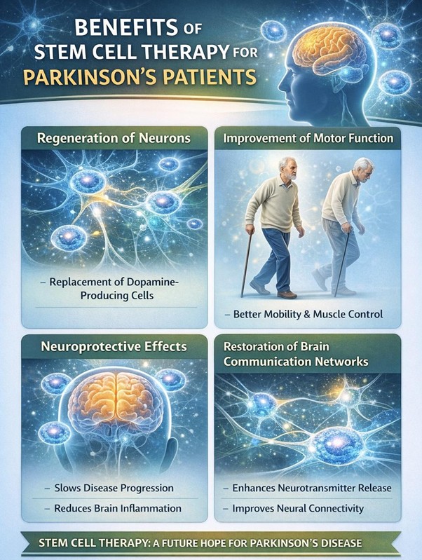 Figure A : Stem cell therapy may support Parkinson’s patients by promoting neuron repair, improving movement control, protecting brain cells, and strengthening neural communication pathways.